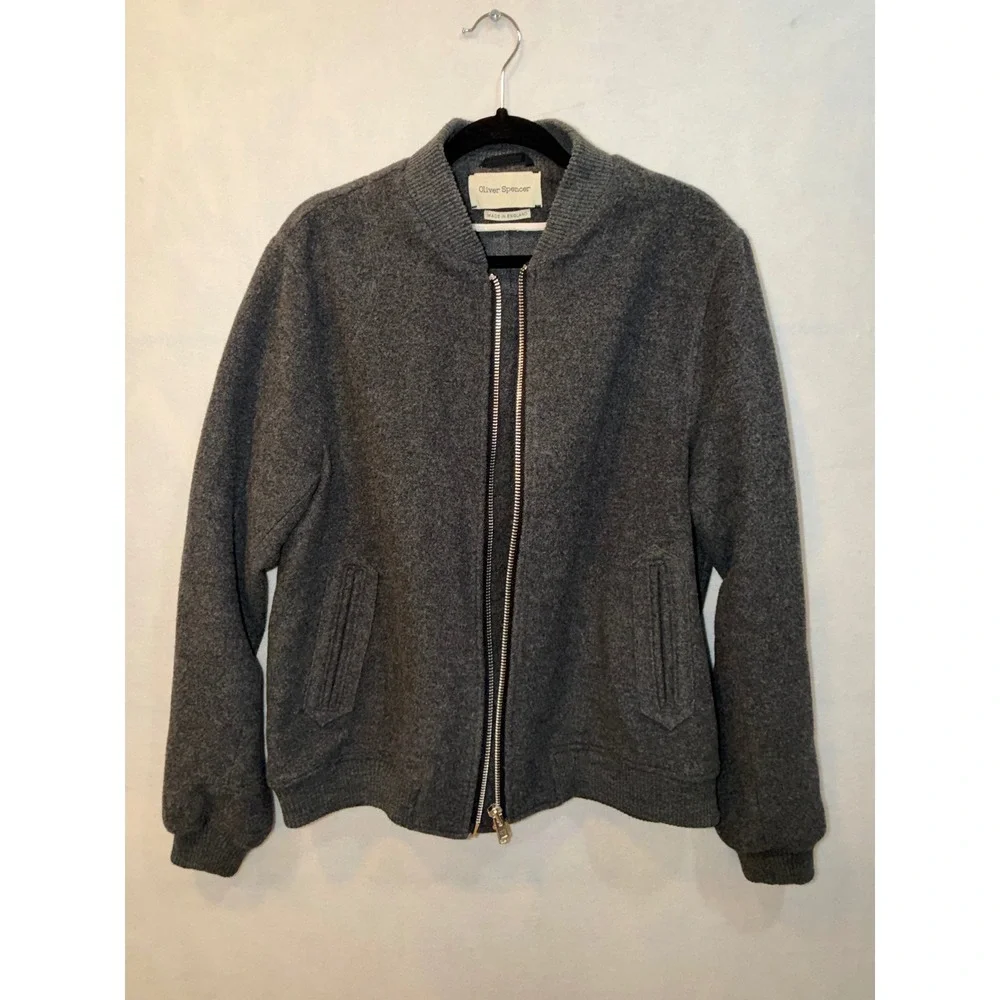 Oliver Spencer Bomber Jacket Charcoal Grey Wool Zip Front Made in England Mens L